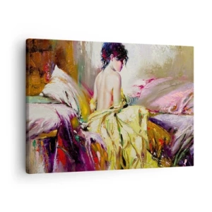 Cuadro sobre lienzo - Impresión de Imagen - Una escena pictórica de una mujer en una cama en una atmósfera romántica. - 70x50cm - La hermosura y frescura de la flor - Decoración de pared moderna para salón y dormitorio ARTTOR