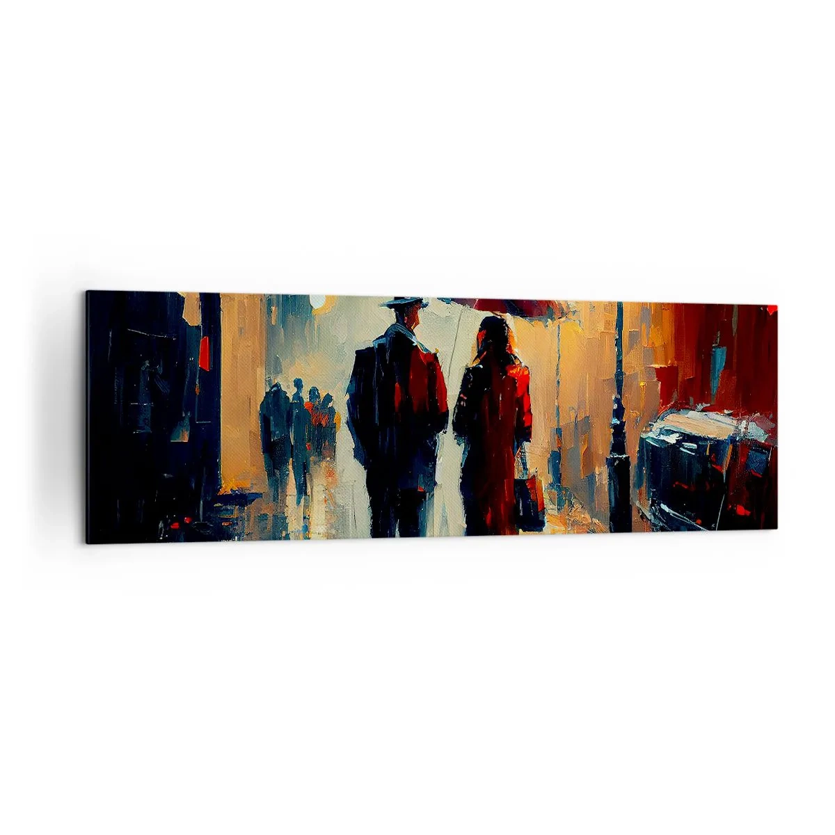 Cuadro sobre lienzo - Impresión de Imagen - Caminando bajo la lluvia bajo un paraguas en la ciudad por la noche. - 160x50cm - Historia de amor urbana - Decoración de pared moderna para salón y dormitorio ARTTOR