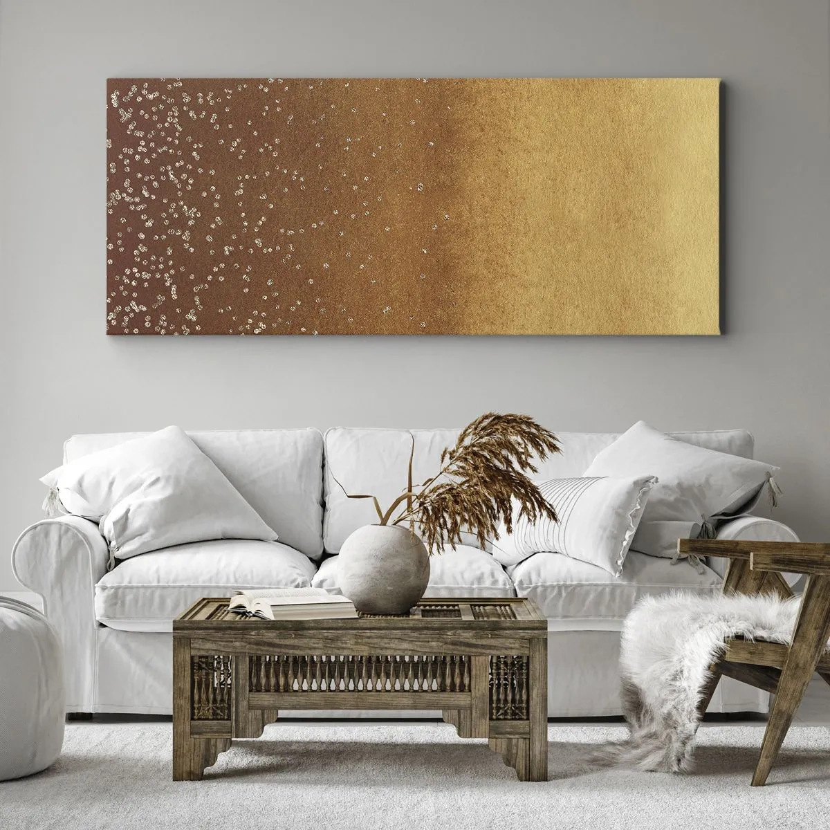 Cuadro sobre lienzo - Impresión de Imagen - Un degradado dorado con brillo sutil y adornos. - 140x50cm - Nacimiento de la luz - Decoración de pared moderna para salón y dormitorio ARTTOR