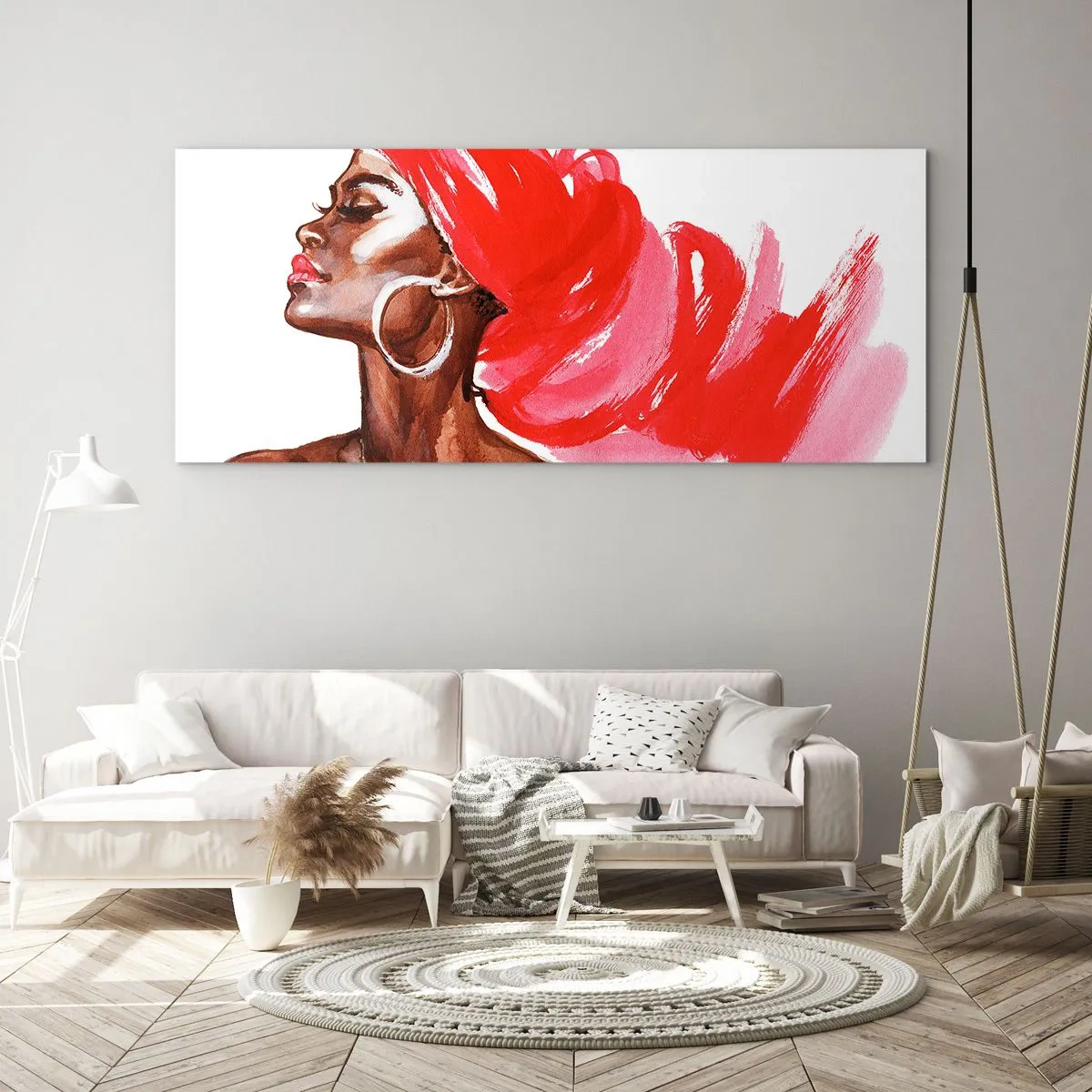 Cuadro sobre vidrio - Impresiones sobre Vidrio - Perfil de una mujer con turbante rojo y pendientes - 140x50cm - Aroma que te hace sentir - Decoración de pared moderna para salón y dormitorio ARTTOR
