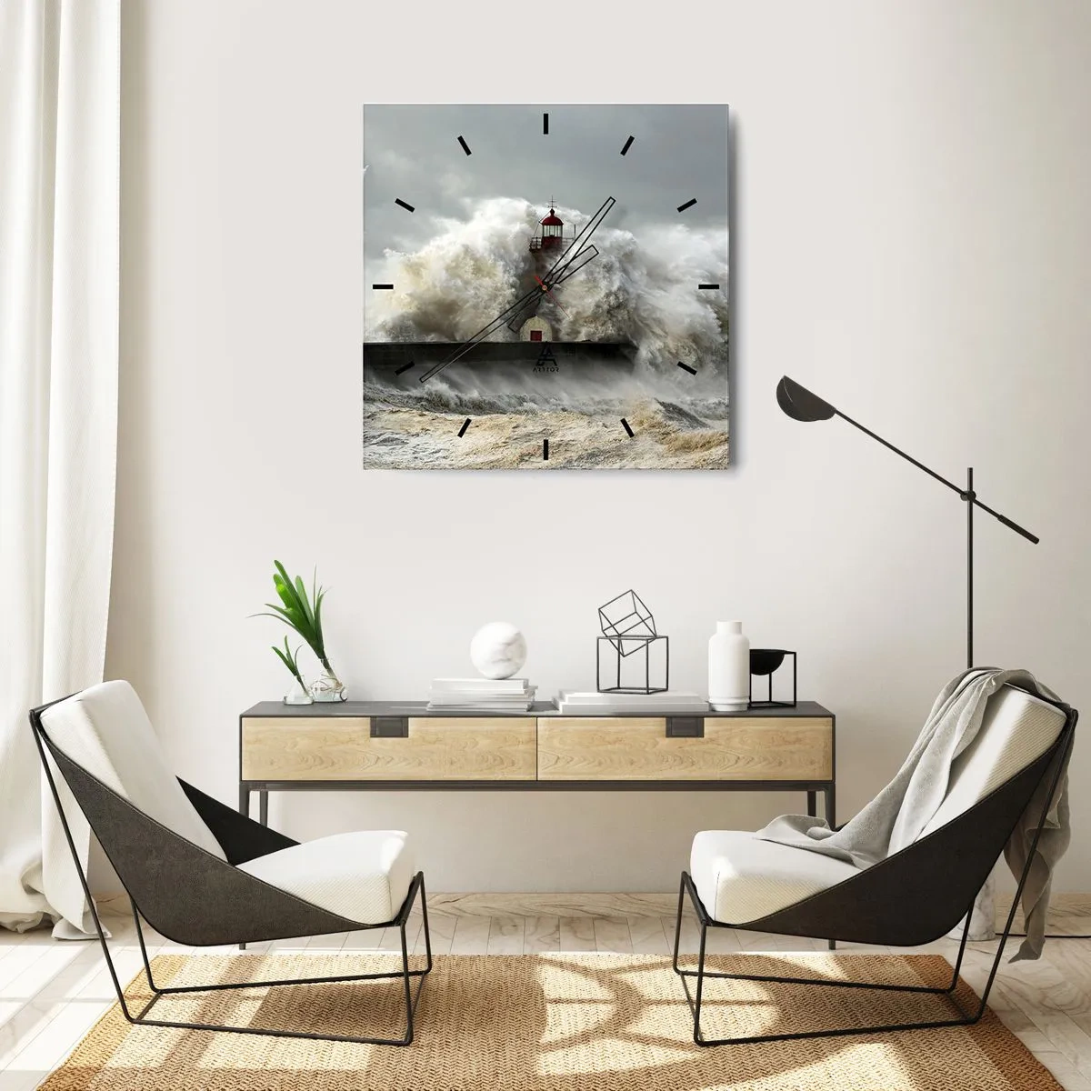 Reloj de pared - Reloj de vidrio - Un faro rodeado de fuertes olas durante una tormenta. - 30x30cm - La furia del océano - Decoración de pared moderna para salón y dormitorio ARTTOR