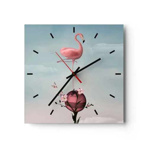 Reloj de pared - Reloj de vidrio - Un flamenco rosado balanceándose sobre una bola de flores. - 30x30cm - Alegoría del baloncesto - Decoración de pared moderna para salón y dormitorio ARTTOR
