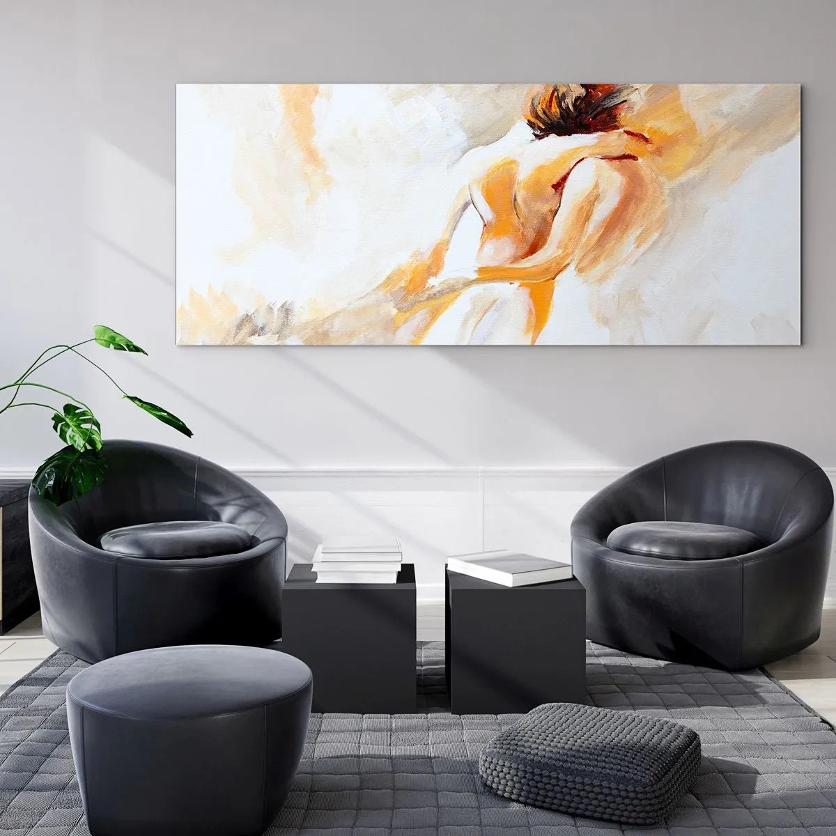 Cuadro sobre vidrio - Impresiones sobre Vidrio - Escena abstracta de un abrazo romántico. - 120x50cm - En un cielo de cercanía - Decoración de pared moderna para salón y dormitorio ARTTOR