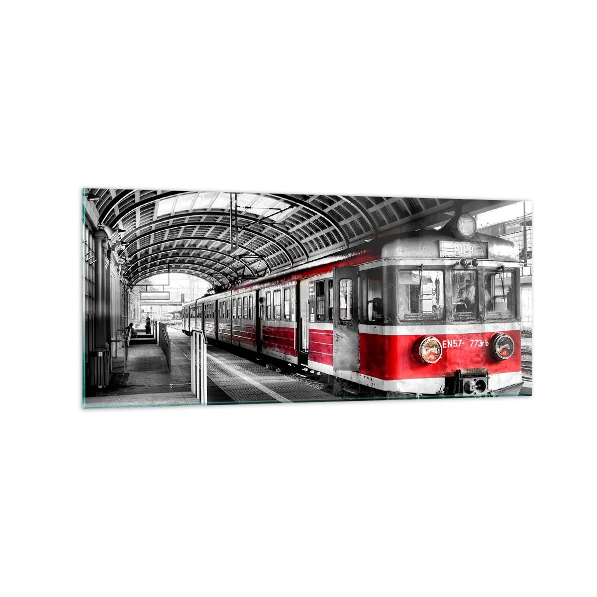 Cuadro sobre vidrio - Impresiones sobre Vidrio - Tren rojo en la estación bajo techo. - 120x50cm - ¿El viaje de su vida? - Decoración de pared moderna para salón y dormitorio ARTTOR