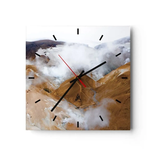 Reloj de pared - Reloj de vidrio - Un paisaje de montaña con vapor en un clima duro. - 30x30cm - La dura belleza de Islandia - Decoración de pared moderna para salón y dormitorio ARTTOR
