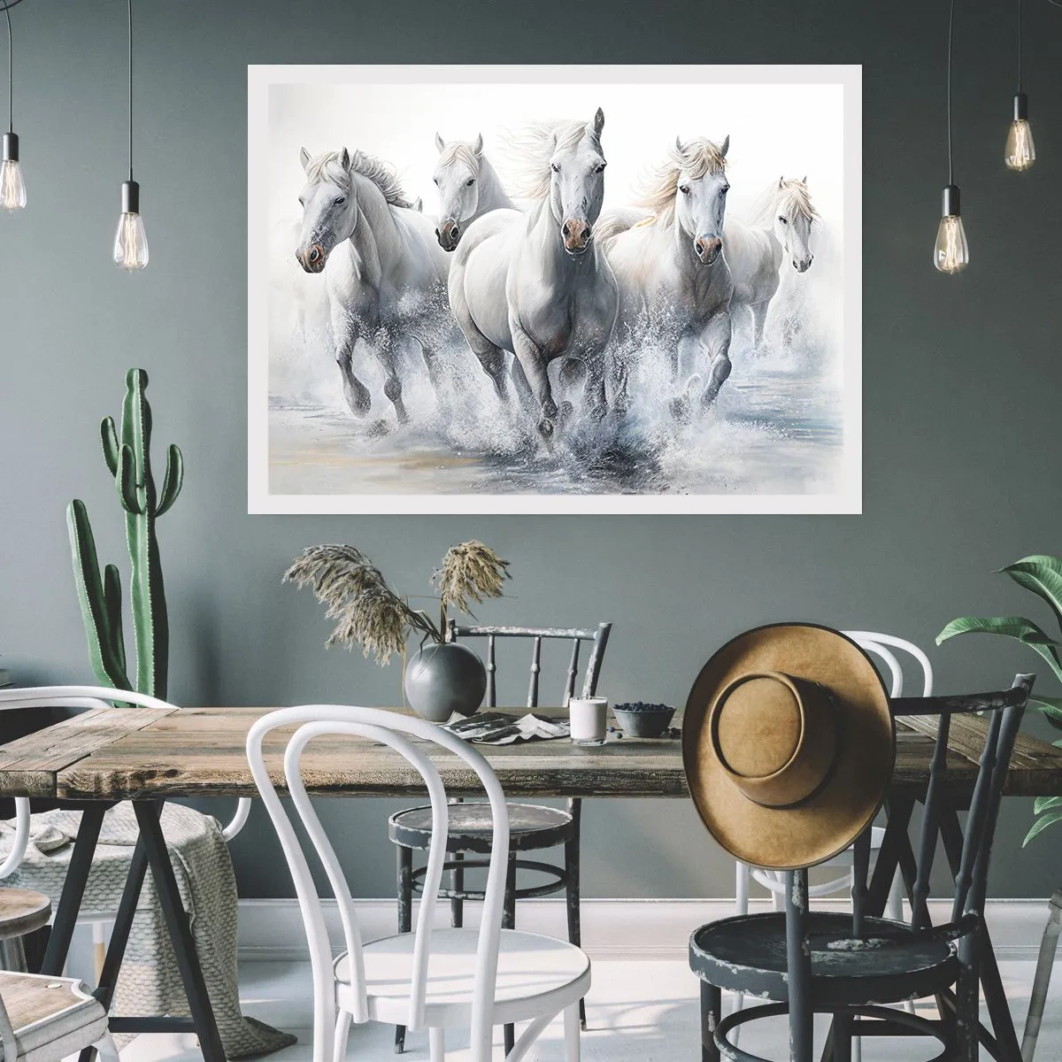 Póster - Caballos blancos galopando por el agua - 100x70cm - Magia blanca - Decoración de pared moderna para salón y dormitorio ARTTOR