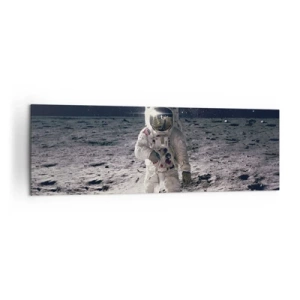 Cuadro sobre lienzo - Impresión de Imagen - Astronauta en la superficie de la Luna con la Tierra al fondo - 160x50cm - Saludos desde la Luna - Decoración de pared moderna para salón y dormitorio ARTTOR