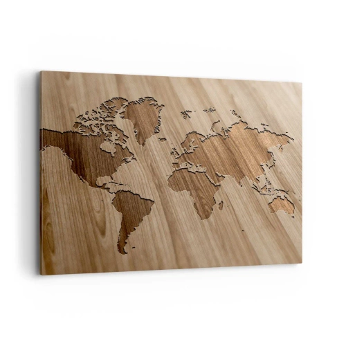 Cuadro sobre lienzo - Impresión de Imagen - Un mapa del mundo recortado sobre una superficie de madera. - 100x70cm - El mundo servido en la mesa - Decoración de pared moderna para salón y dormitorio ARTTOR
