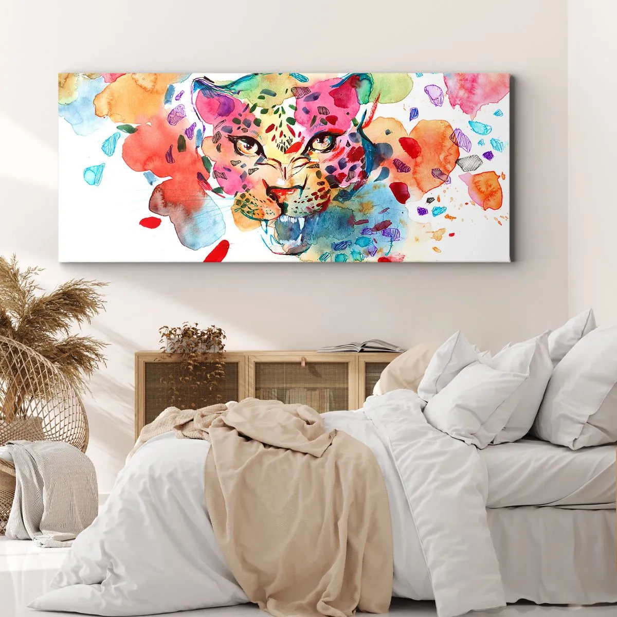 Cuadro sobre lienzo - Impresión de Imagen - Retrato abstracto de un leopardo en colores intensos. - 140x50cm - La bella y la bestia - Decoración de pared moderna para salón y dormitorio ARTTOR