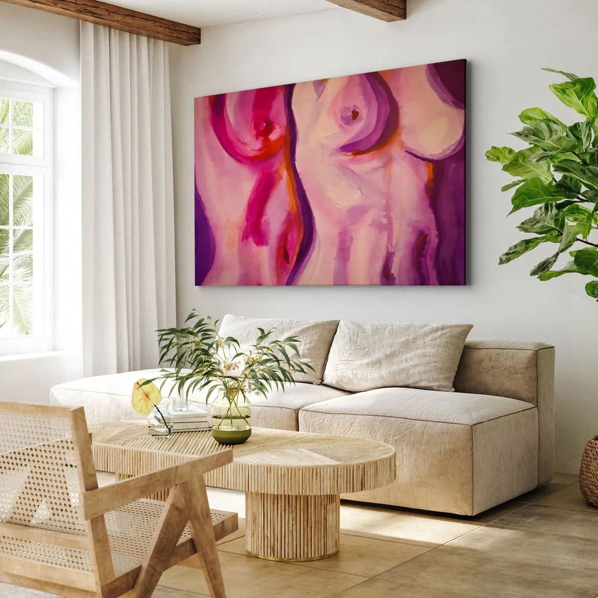 Cuadro sobre lienzo - Impresión de Imagen - Una interpretación abstracta de la silueta femenina en tonos rosas y morados. - 70x50cm - Una oda a la feminidad - Decoración de pared moderna para salón y dormitorio ARTTOR