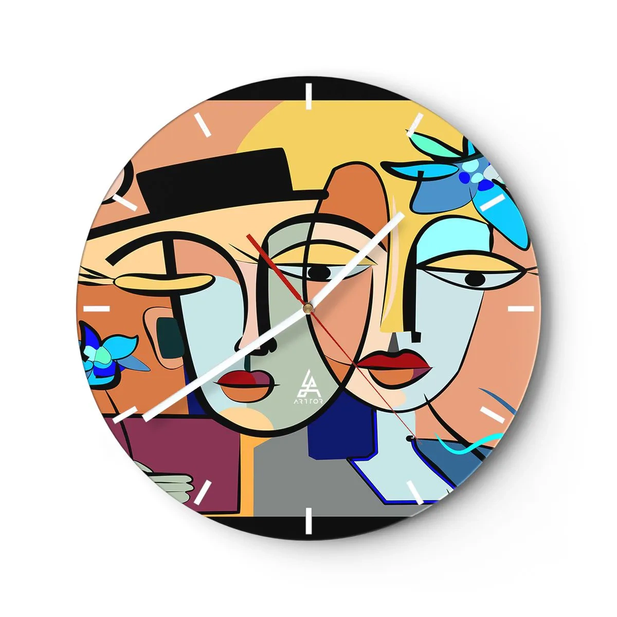 Reloj de pared - Reloj de vidrio - Caras coloridas de estilo cubista con elementos florales. - 30x30cm - Randez vous de Picasso - Decoración de pared moderna para salón, cocina y dormitorio ARTTOR