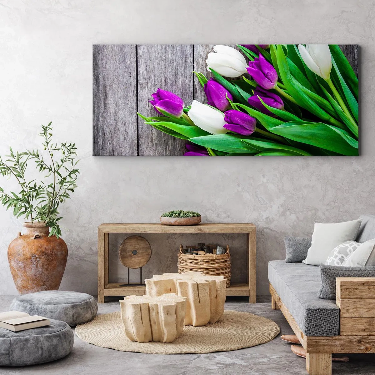 Cuadro sobre lienzo - Impresión de Imagen - Un ramo de tulipanes morados y blancos sobre un fondo de madera. - 160x50cm - El día de la fiesta de la primavera - Decoración de pared moderna para salón y dormitorio ARTTOR