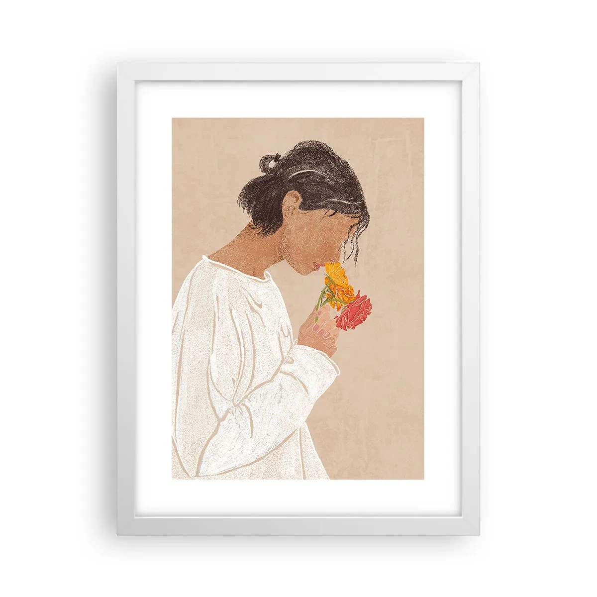 Póster en marco blanco - Joven con flores - 30x40 cm