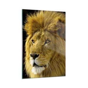 Cuadro sobre vidrio - Impresiones sobre Vidrio - Retrato de un león majestuoso sobre un fondo oscuro - 50x70cm - Retrato de un rey - Decoración de pared moderna para salón y dormitorio ARTTOR