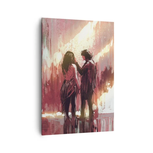 Cuadro sobre lienzo - Impresión de Imagen - Una pareja de pie bajo una luz cálida contra un fondo de patrones abstractos. - 70x100cm - El eterno espectáculo del amor - Decoración de pared moderna para salón y dormitorio ARTTOR