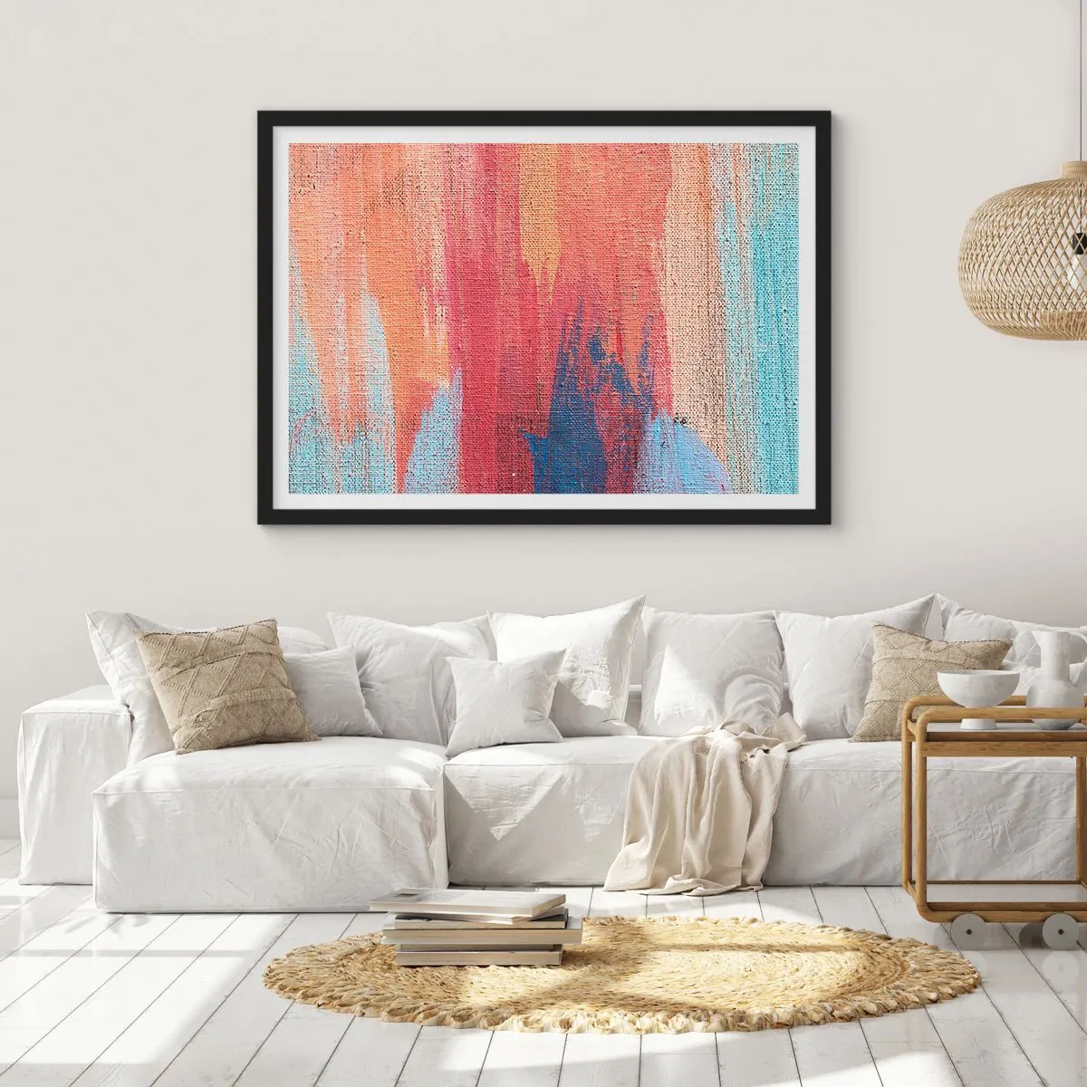 Póster en marco negro - Pinceladas abstractas coloridas - 100x70cm - Trazos de arco iris - Decoración de pared moderna para salón y dormitorio ARTTOR