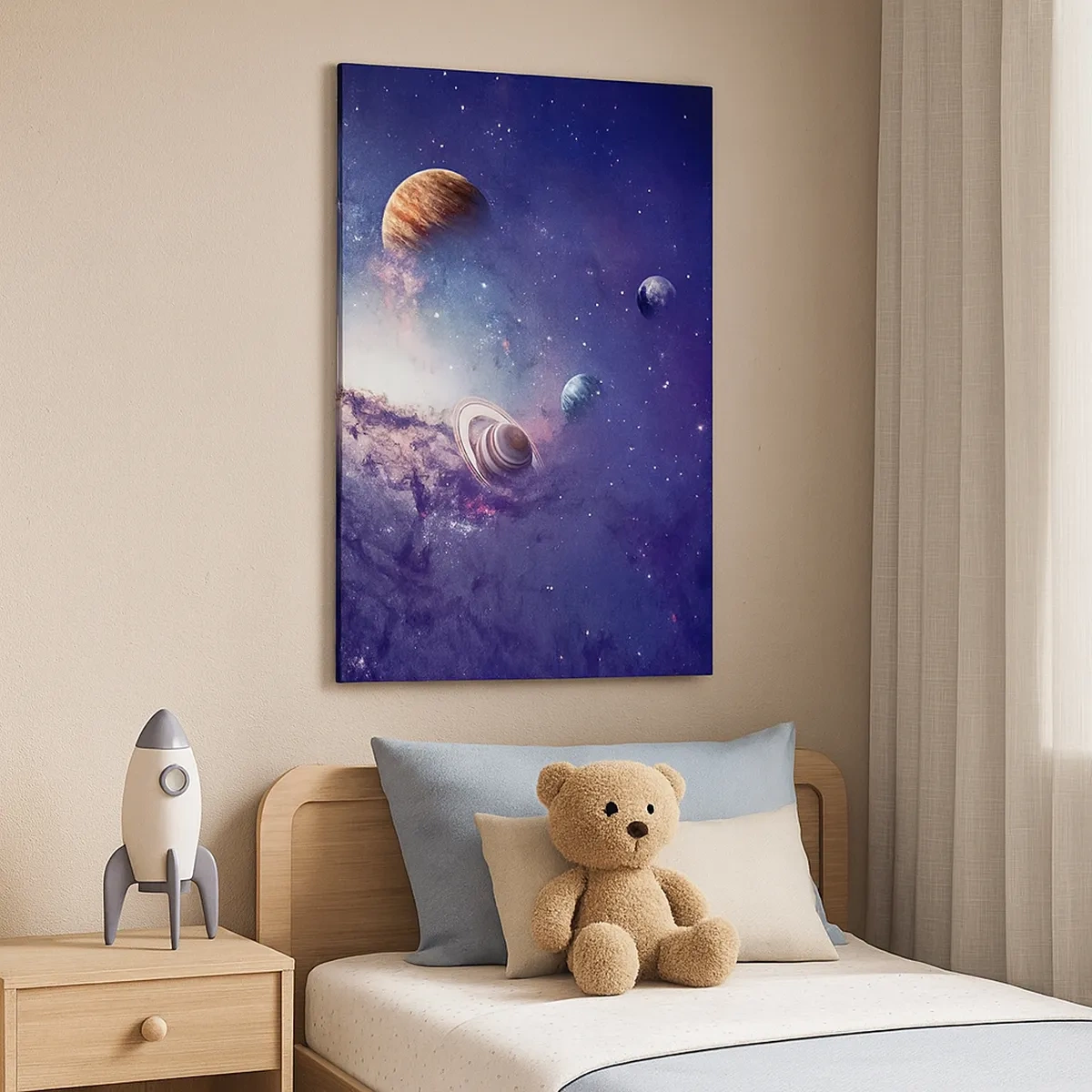 Cuadro sobre lienzo - Impresión de Imagen - Planetas en una galaxia con una nebulosa al fondo - 50x70cm - La danza alrededor del Sol - Decoración de pared moderna para salón y dormitorio ARTTOR