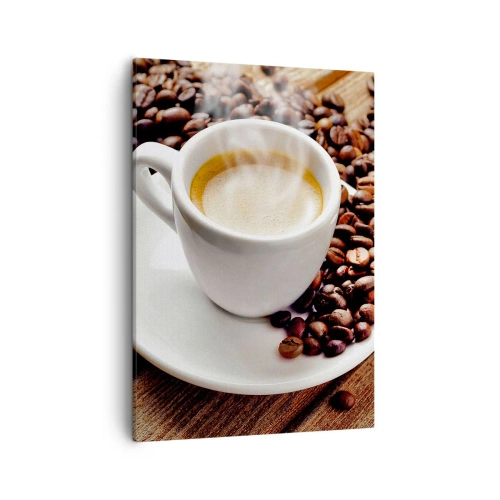 Cuadro sobre lienzo - Impresión de Imagen - Una taza de café aromático sobre un fondo de granos y una hoja. - 50x70cm - Café en el banco - Decoración de pared moderna para salón y dormitorio ARTTOR