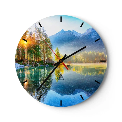 Reloj de pared - Reloj de vidrio - Lago de montaña al amanecer con reflejos de árboles y picos. - 30x30cm - Majestuosidad y dulzura - Decoración de pared moderna para salón, cocina y dormitorio ARTTOR