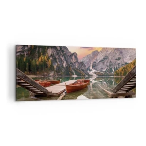 Cuadro sobre lienzo - Impresión de Imagen - Lago de montaña con barcos al atardecer - 120x50cm - Espejo entre montañas - Decoración de pared moderna para salón y dormitorio ARTTOR