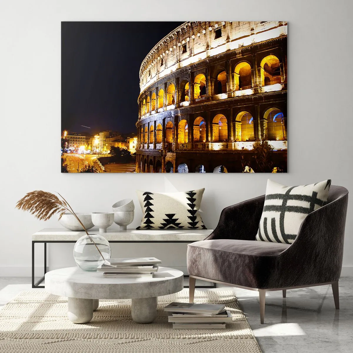 Cuadro sobre vidrio - Impresiones sobre Vidrio - El Coliseo de noche con arcos iluminados - 120x80cm - Los juegos están a punto de comenzar - Decoración de pared moderna para salón y dormitorio ARTTOR
