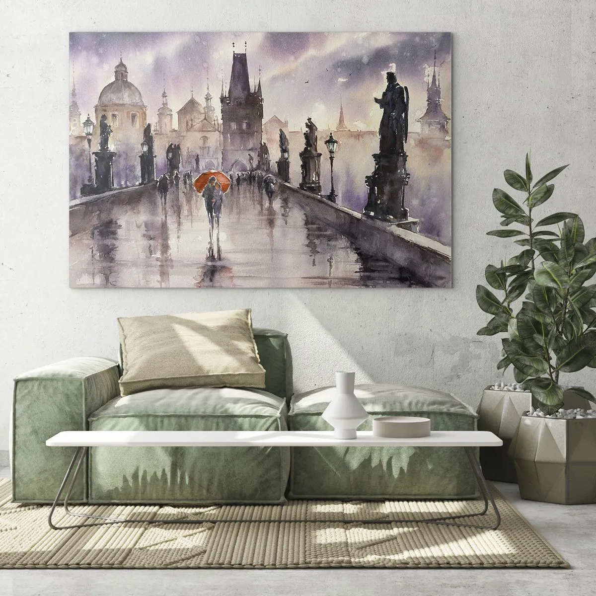 Cuadro sobre vidrio - Impresiones sobre Vidrio - Caminando bajo la lluvia por un puente con un paraguas naranja - 120x80cm - La gente no cambia - Decoración de pared moderna para salón y dormitorio ARTTOR
