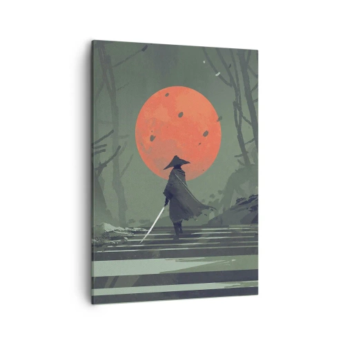 Cuadro sobre lienzo - Impresión de Imagen - Un guerrero solitario con una espada contra el fondo de una luna roja en un bosque oscuro. - 50x70cm - Guerrero de la luna roja - Decoración de pared moderna para salón y dormitorio ARTTOR