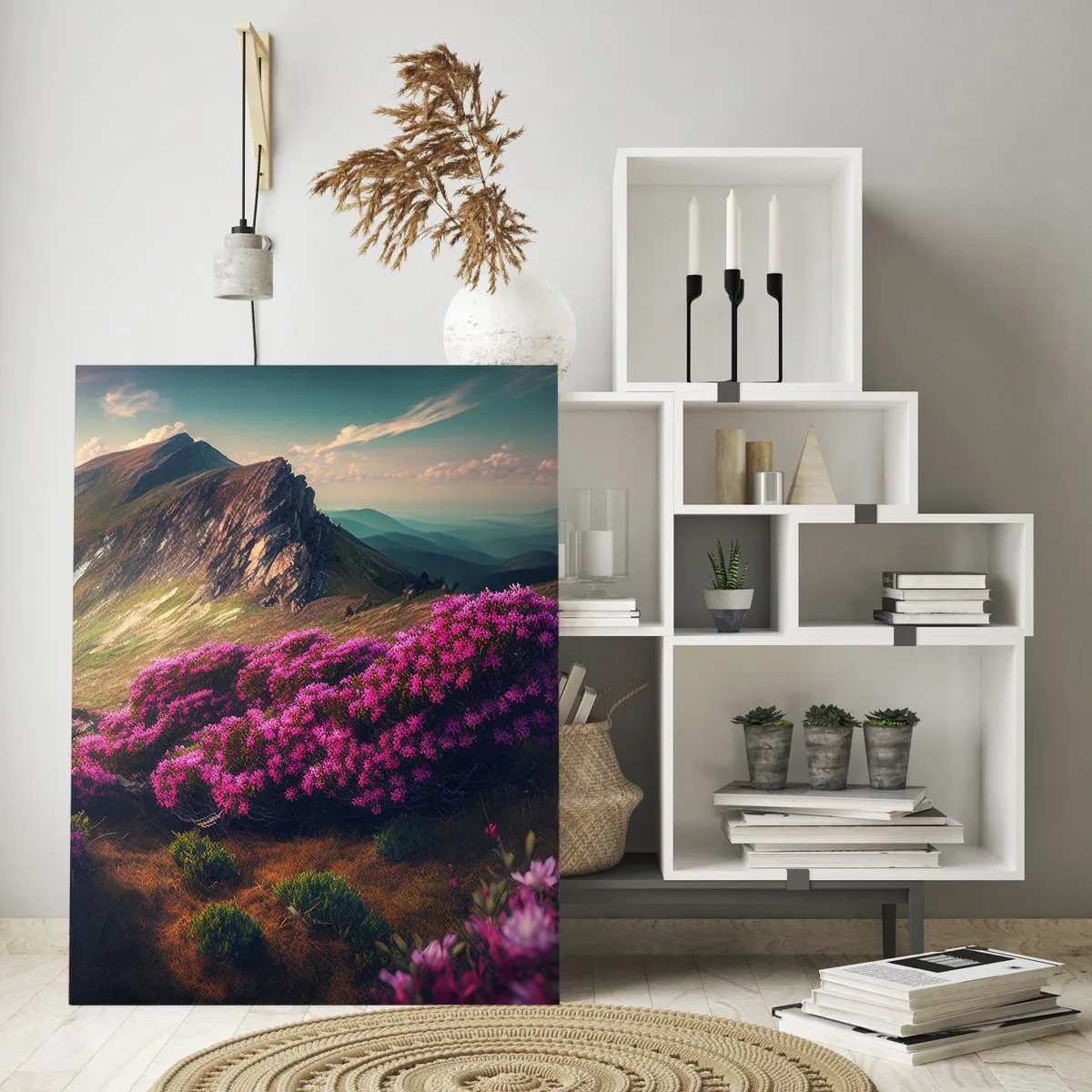 Cuadro sobre vidrio - Impresiones sobre Vidrio - Paisaje de montaña de verano con brezos rosados en flor - 50x70cm - Verano en las montañas - Decoración de pared moderna para salón y dormitorio ARTTOR