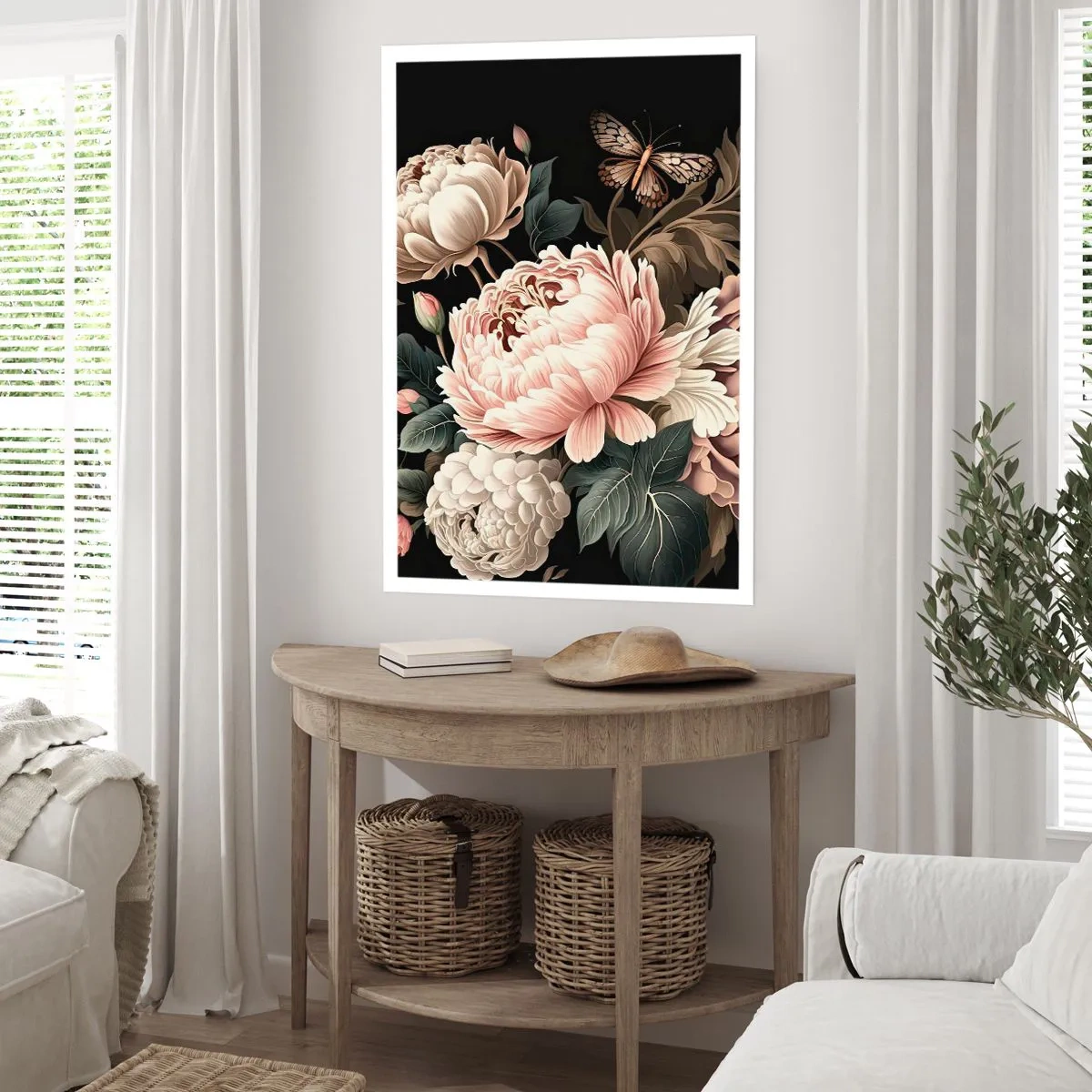 Póster - Elegantes peonías y una mariposa sobre fondo negro. - 50x70cm - En estilo barroco - Decoración de pared moderna para salón y dormitorio ARTTOR