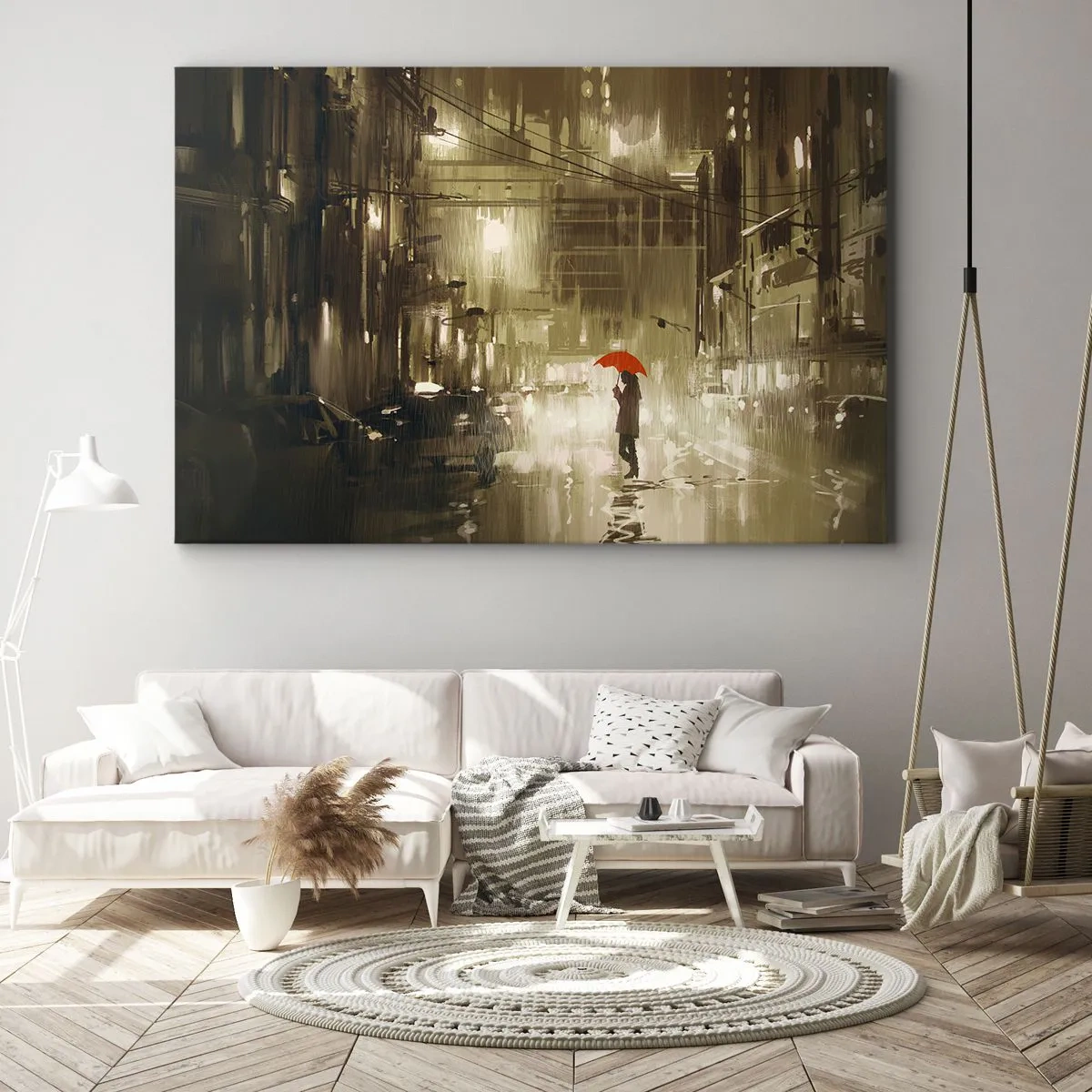 Cuadro sobre lienzo - Impresión de Imagen - Una figura con un paraguas rojo en una ciudad lluviosa. - 100x70cm - Soledad en la urbe - Decoración de pared moderna para salón y dormitorio ARTTOR