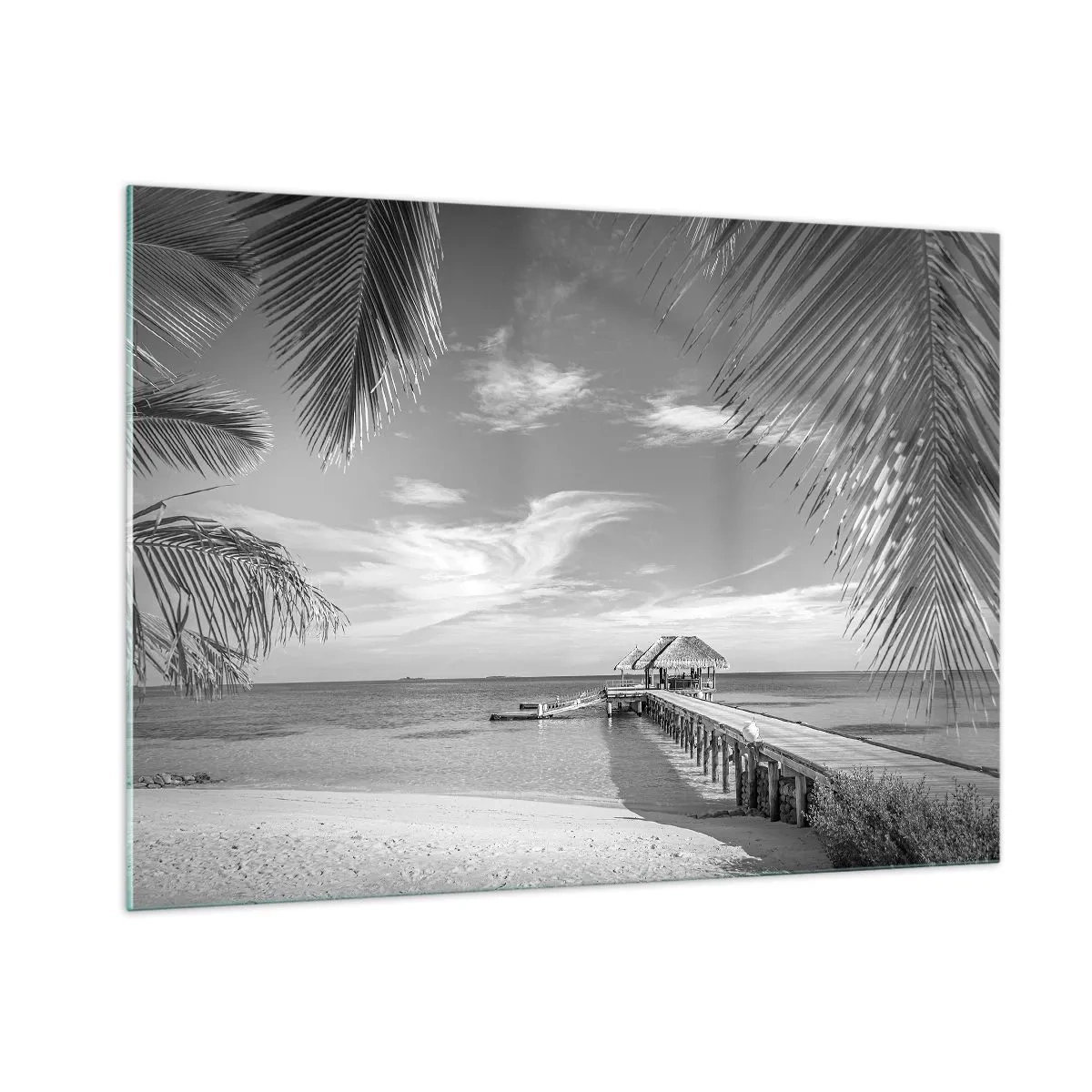 Cuadro sobre vidrio - Impresiones sobre Vidrio - Fotografía en blanco y negro de una playa tropical con un embarcadero. - 100x70cm - ¿Un recuerdo o un sueño? - Decoración de pared moderna para salón y dormitorio ARTTOR