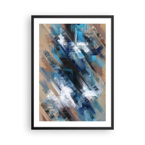Póster en marco negro - Una composición abstracta con líneas diagonales en tonos azules. - 50x70cm - En una inclinación azul - Decoración de pared moderna para salón y dormitorio ARTTOR