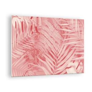 Cuadro sobre vidrio - Impresiones sobre Vidrio - Hojas tropicales rosas en una composición moderna. - 70x50cm - Concepto rosa - Decoración de pared moderna para salón y dormitorio ARTTOR