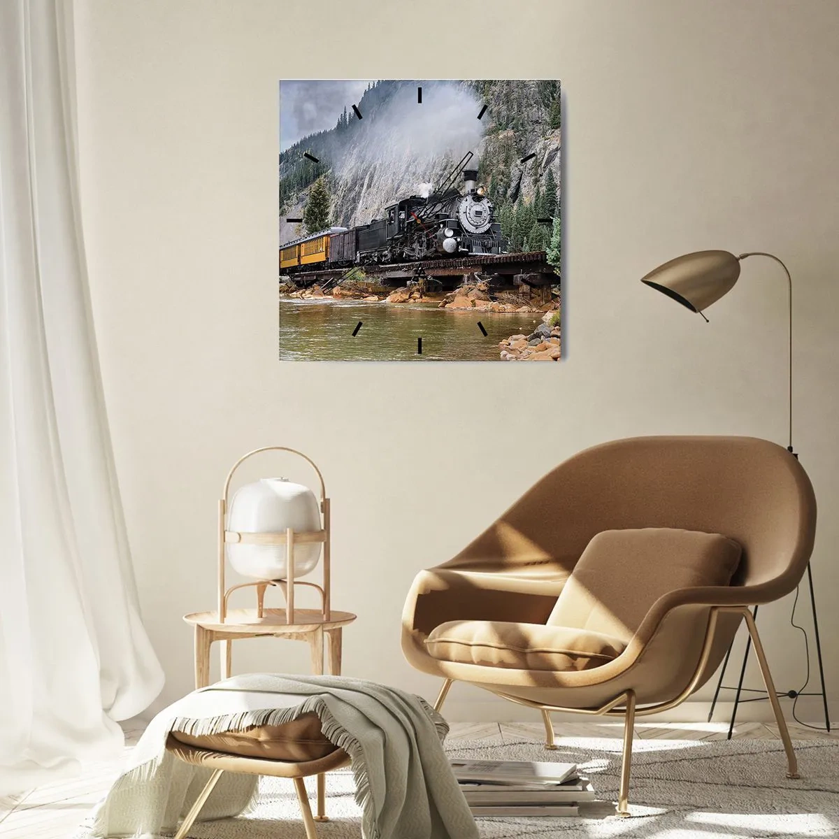 Reloj de pared - Reloj de vidrio - Una locomotora de vapor en un puente en un pintoresco paisaje montañoso. - 30x30cm - ¿Adónde me llevas? - Decoración de pared moderna para salón y dormitorio ARTTOR