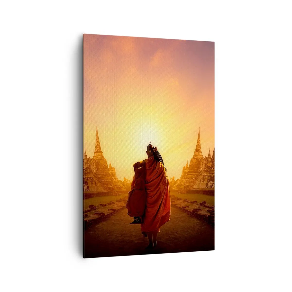 Cuadro sobre lienzo - Impresión de Imagen - Un monje entre los templos al atardecer. - 80x120cm - En paz por la eternidad - Decoración de pared moderna para salón y dormitorio ARTTOR