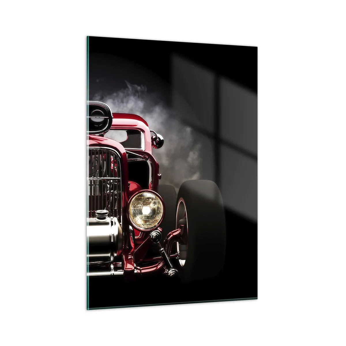 Cuadro sobre vidrio - Impresiones sobre Vidrio - Un coche rojo caliente entre humo espeso - 50x70cm - Rápida y furiosamente bella - Decoración de pared moderna para salón y dormitorio ARTTOR