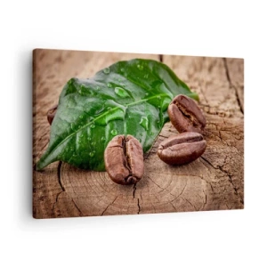 Cuadro sobre lienzo - Impresión de Imagen - Granos de café y hojas verdes sobre un fondo de madera - 70x50cm - El auténtico y negro - Decoración de pared moderna para salón y dormitorio ARTTOR