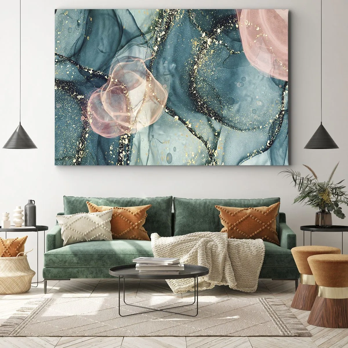 Cuadro sobre lienzo - Impresión de Imagen - Una composición abstracta en tonos turquesa y dorado. - 70x50cm - Seda azul, tul rosa - Decoración de pared moderna para salón y dormitorio ARTTOR