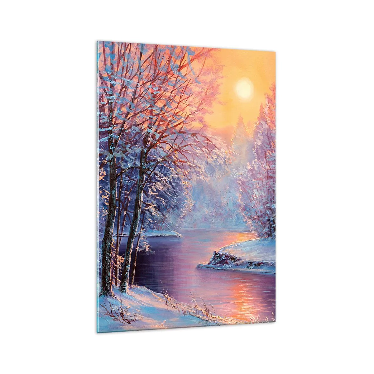 Cuadro sobre vidrio - Impresiones sobre Vidrio - Paisaje invernal con río y árboles al amanecer. - 70x100cm - Colores del invierno - Decoración de pared moderna para salón y dormitorio ARTTOR