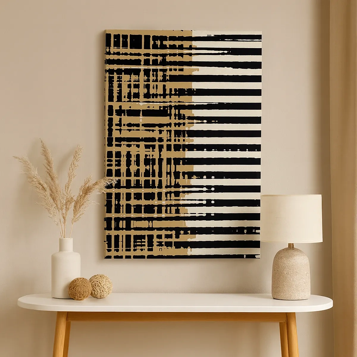 Cuadro sobre lienzo - Impresión de Imagen - Líneas abstractas en negro, beige y blanco. - 50x70cm - Abstracción arquitectónica - Decoración de pared moderna para salón y dormitorio ARTTOR