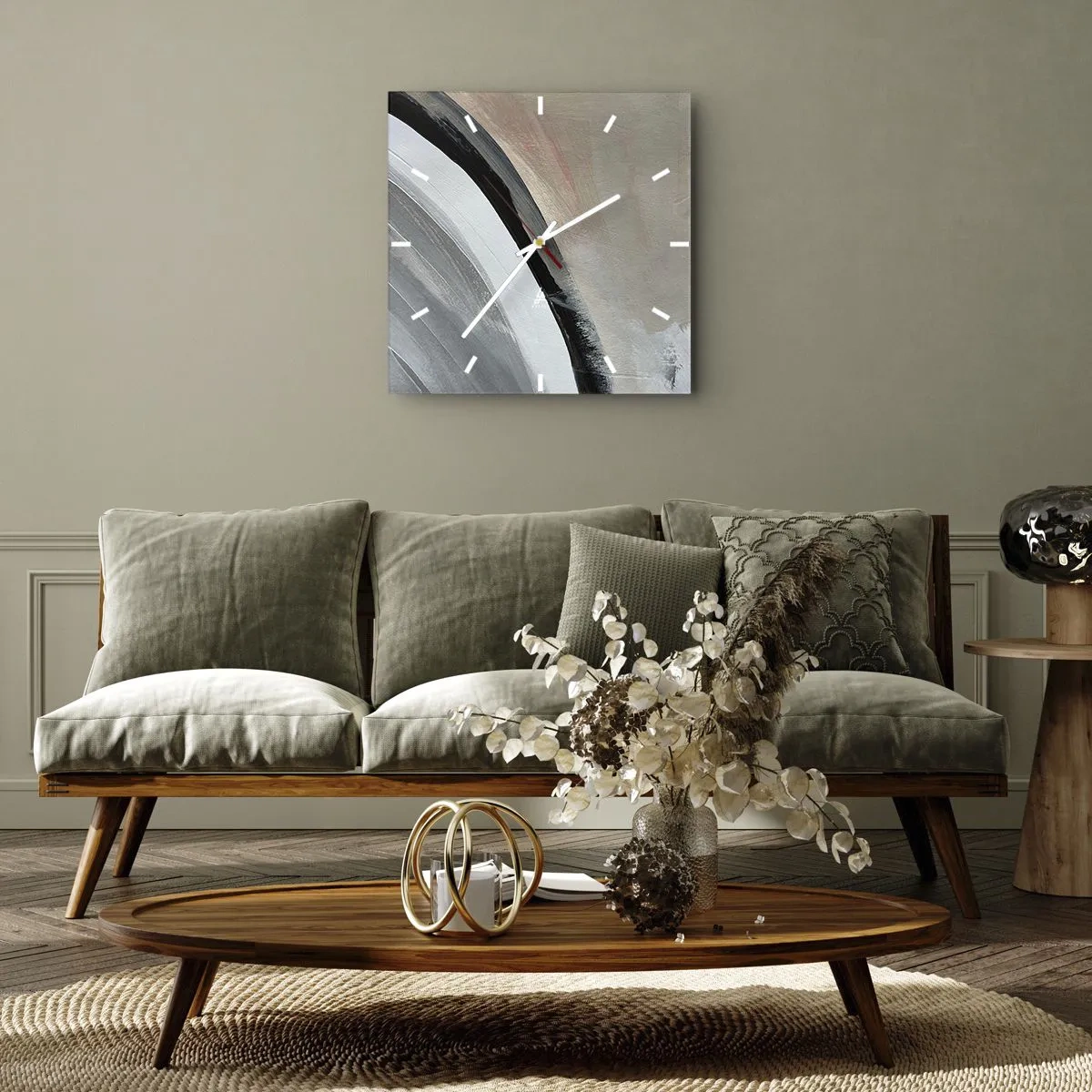 Reloj de pared - Reloj de vidrio - Arco abstracto en tonos negro, gris y beige. - 30x30cm - Composición: un arco negro y gris - Decoración de pared moderna para salón y dormitorio ARTTOR