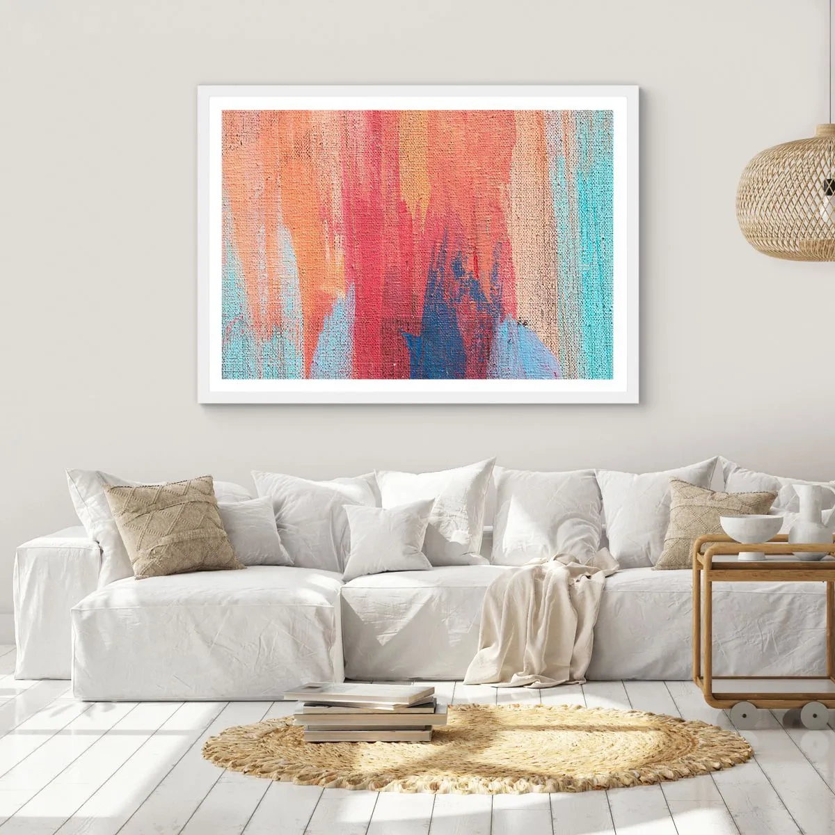 Póster en marco blanco - Trazos de arco iris - 70x50 cm