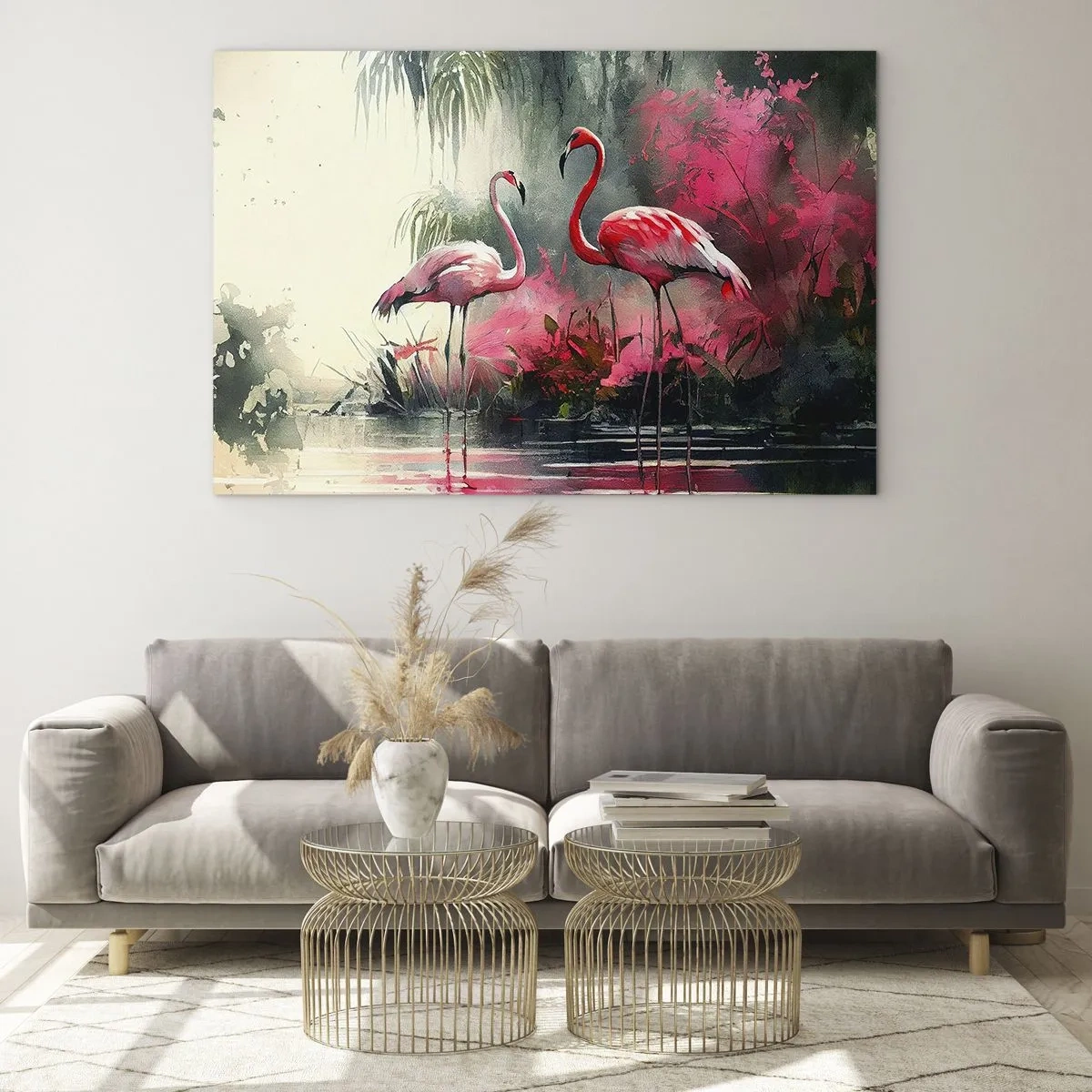 Cuadro sobre vidrio - Impresiones sobre Vidrio - Dos flamencos en un entorno tropical junto al agua. - 70x50cm - Una lección de encanto natural - Decoración de pared moderna para salón y dormitorio ARTTOR