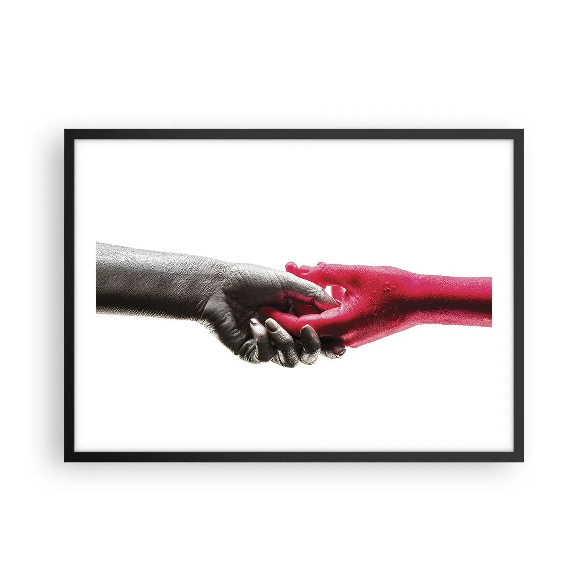 Póster en marco negro - Manos simbólicas en plata y rojo. - 70x50cm - Juntos, aunque diferentes - Decoración de pared moderna para salón y dormitorio ARTTOR
