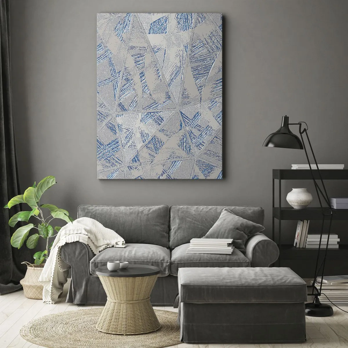 Cuadro sobre lienzo - Impresión de Imagen - Patrones geométricos en tonos azules y grises. - 80x120cm - En un laberinto gris azulado - Decoración de pared moderna para salón y dormitorio ARTTOR