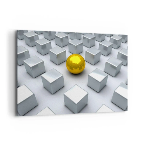 Cuadro sobre lienzo - Impresión de Imagen - Una esfera dorada que destaca entre los cubos plateados. - 100x70cm - ¿Por qué yo? Composición geométrica - Decoración de pared moderna para salón y dormitorio ARTTOR