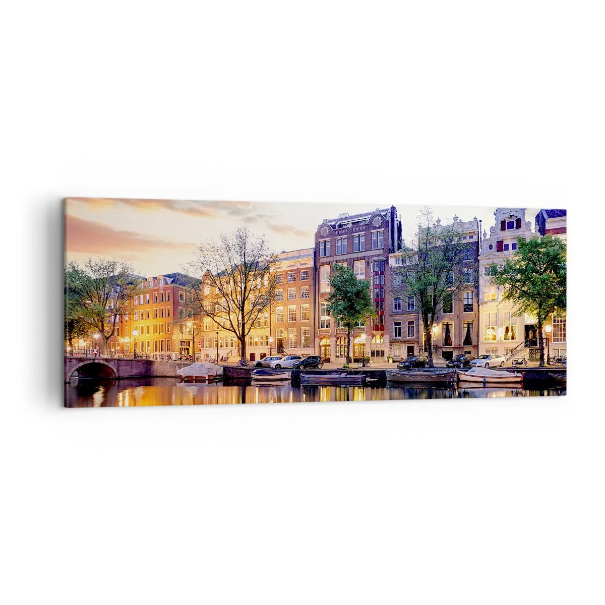 Cuadro sobre lienzo - Impresión de Imagen - Canal con reflejo de casas de vecindad a la luz del atardecer - 140x50cm - La belleza holandesa, sobria y tranquila - Decoración de pared moderna para salón y dormitorio ARTTOR