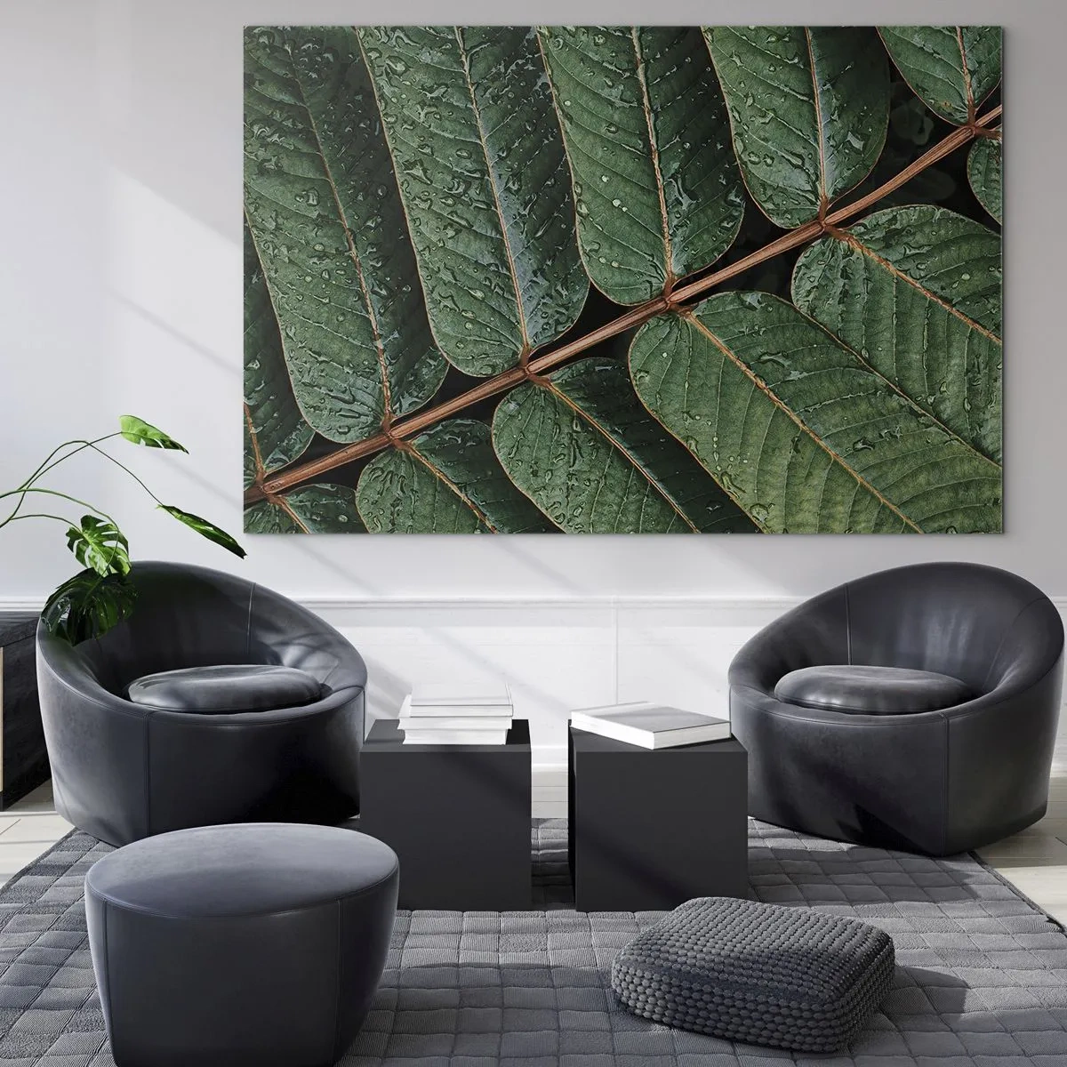 Cuadro sobre vidrio - Impresiones sobre Vidrio - Primer plano de hojas verdes con gotas de agua. - 70x50cm - En un ritmo verde - Decoración de pared moderna para salón y dormitorio ARTTOR
