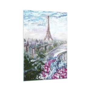 Cuadro sobre vidrio - Impresiones sobre Vidrio - Una vista romántica de París con la Torre Eiffel y un balcón lleno de flores. - 70x100cm - Mayo mágico en París - Decoración de pared moderna para salón y dormitorio ARTTOR