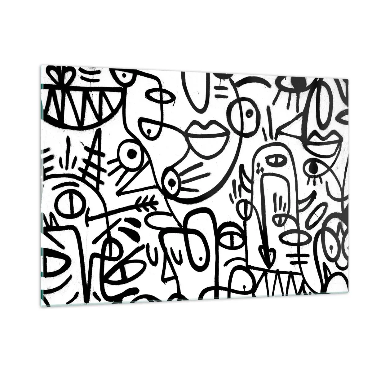 Cuadro sobre vidrio - Impresiones sobre Vidrio - Abstracción en blanco y negro con ojos, caras y líneas. - 120x80cm - Rostros y espejismos - Decoración de pared moderna para salón y dormitorio ARTTOR